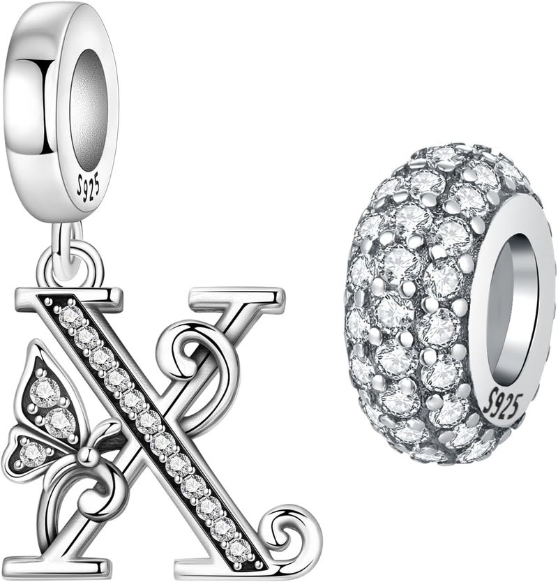 PANPOKI Store 2 Pack 925 Sterling Silver Butterfly Letter Charms for Bracelets and Necklace Alphabet Initial Dangle Pendants Round Spacer Beads Pave Cubic Zirconia Jewelry Gift for Women - Image 1